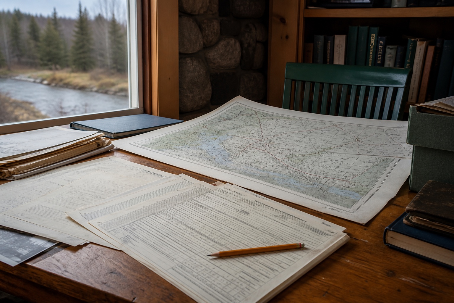A regional map, census forms and a pencil on a research table