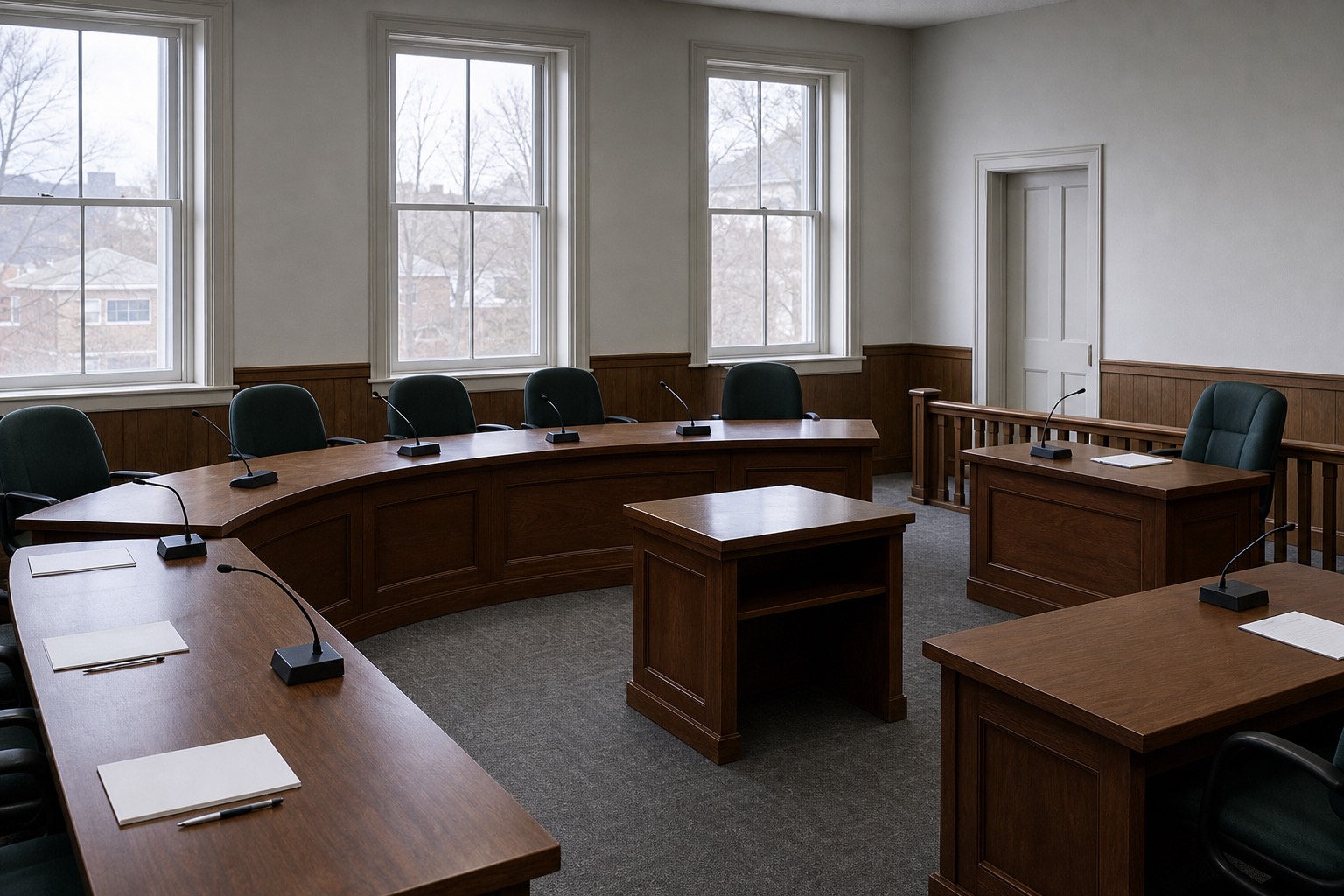 Empty council chamber with paper agendas set out on desks