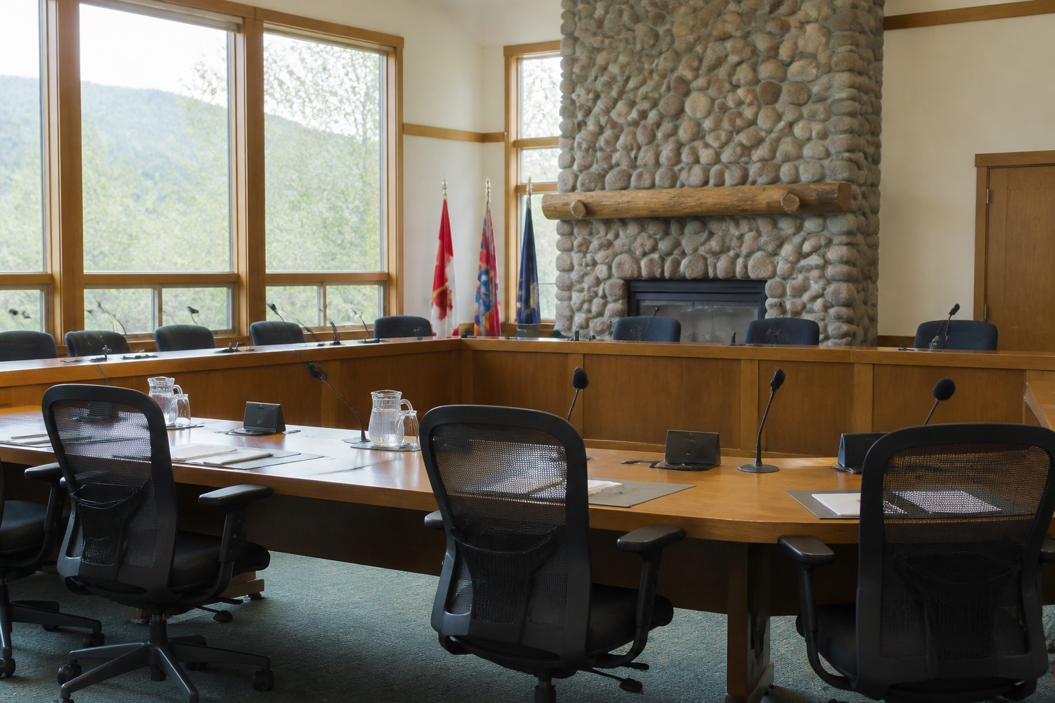A bright municipal meeting room prepared for a public council session