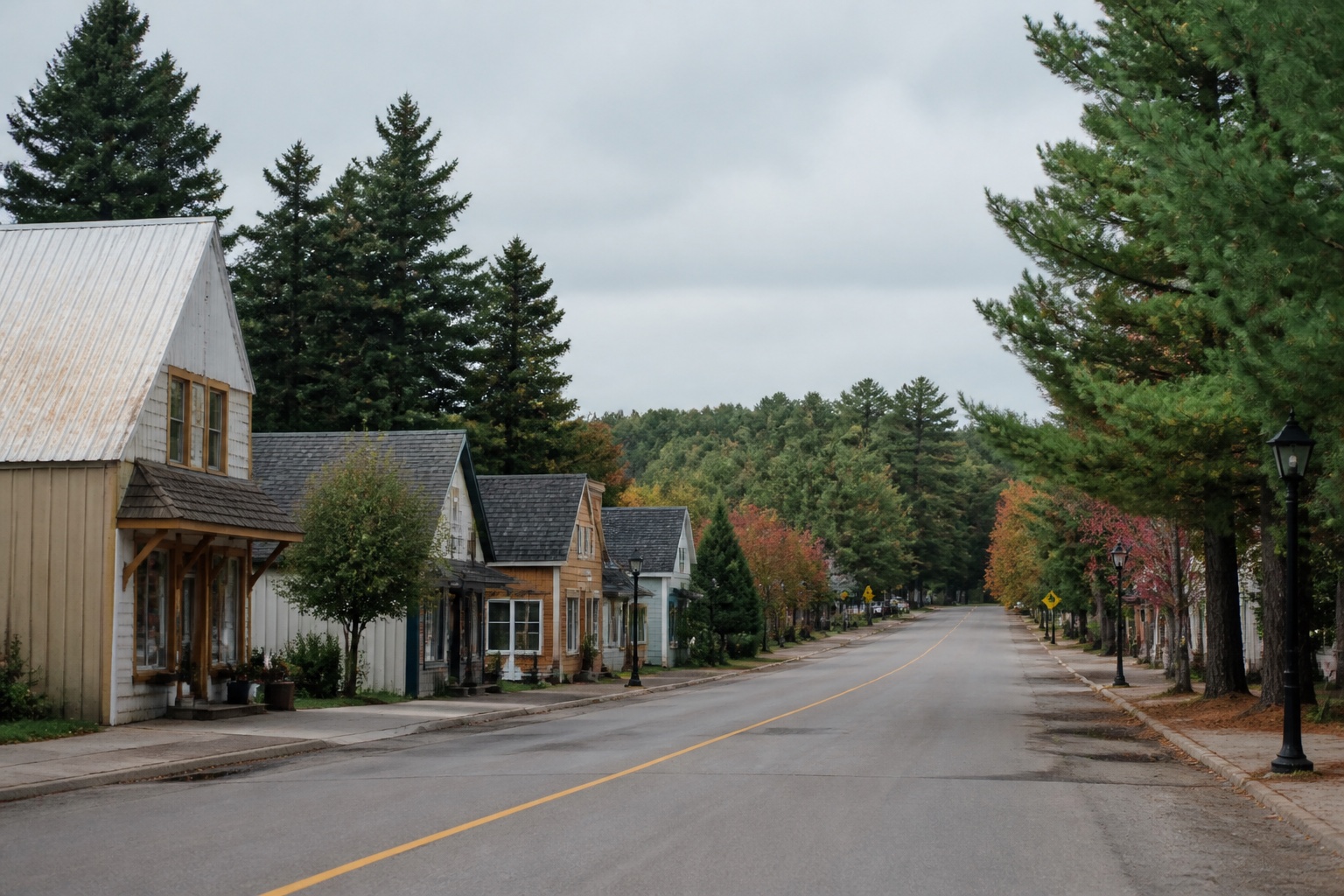A quiet northern Ontario main street framed by pines and low storefronts