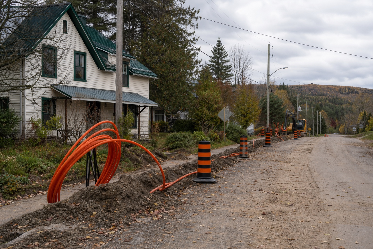 Fibre conduit and marked roadwork along a small northern town street