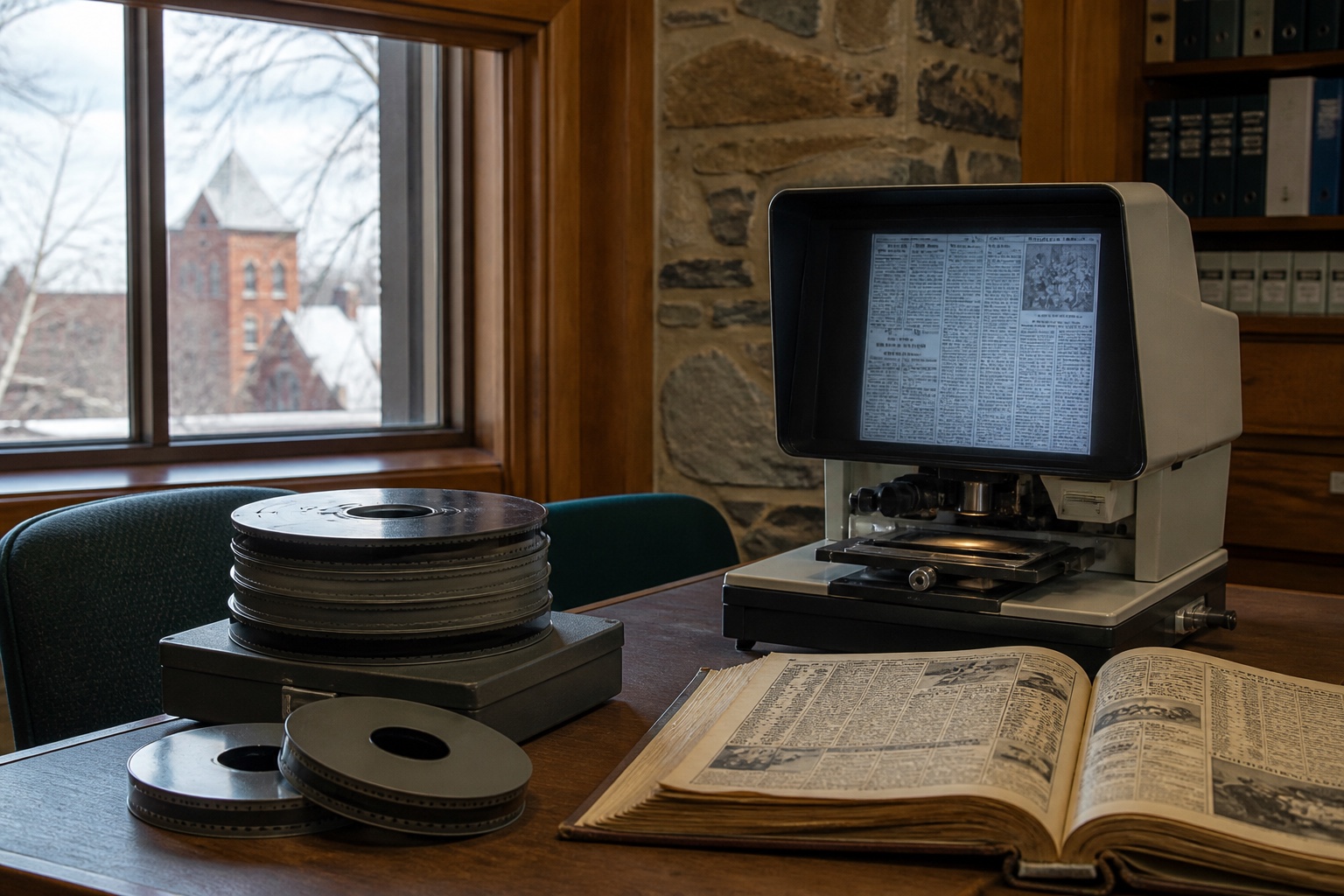 A microfilm reader and archival newspaper reels on a library research desk