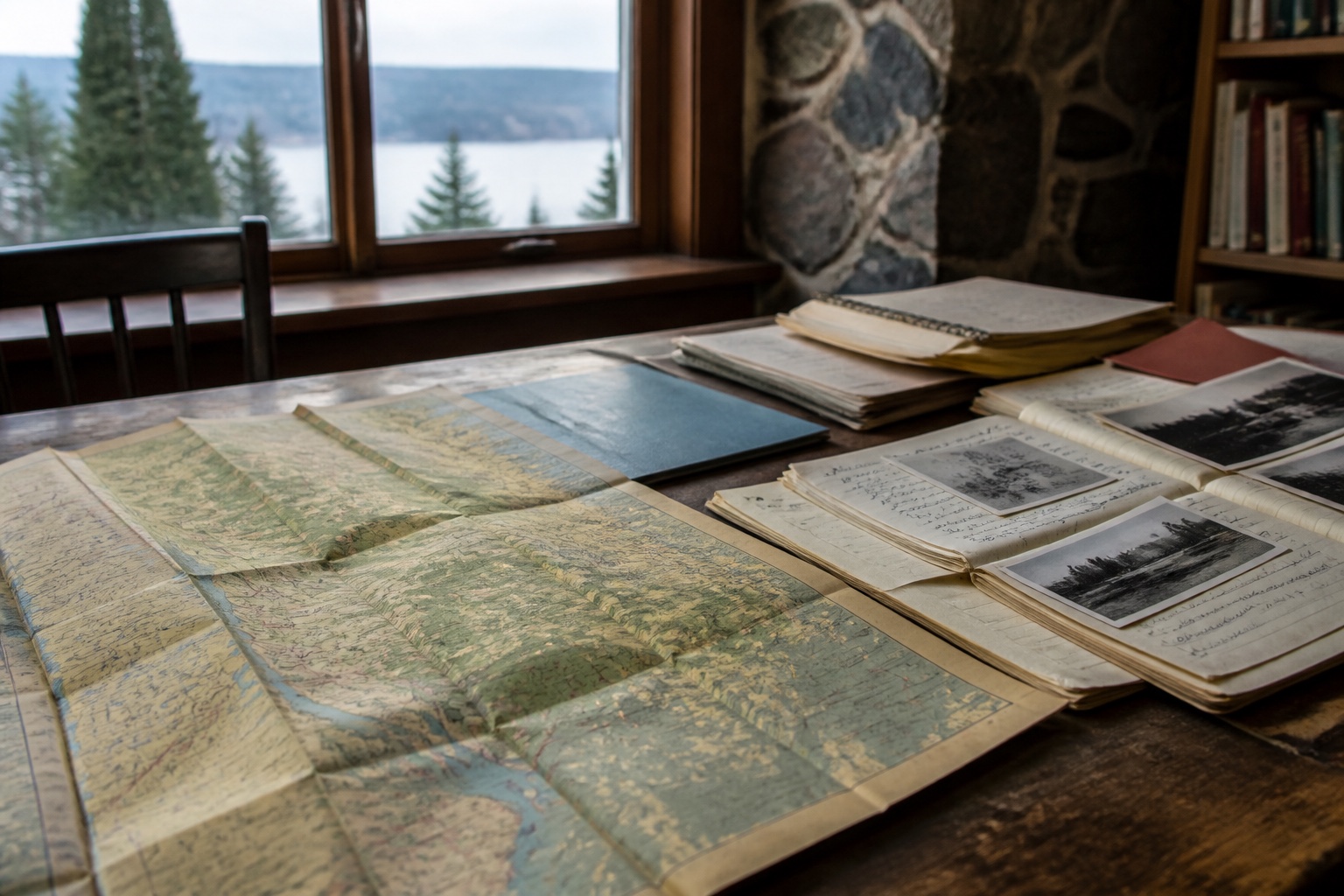 A folded regional map of the Upper Ottawa Valley beside archival notes