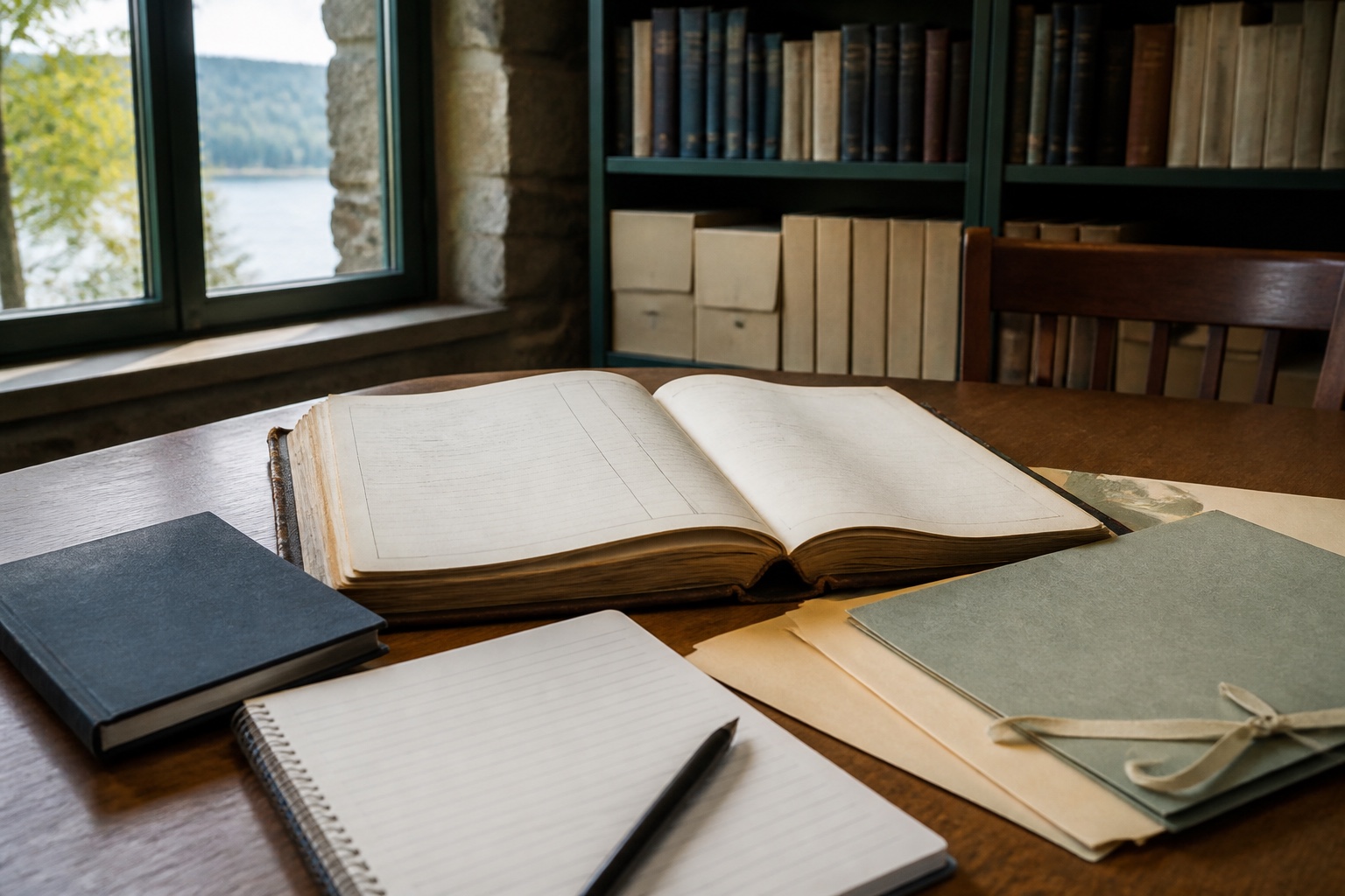 A source ledger, notebook and archival folders on a researcher desk