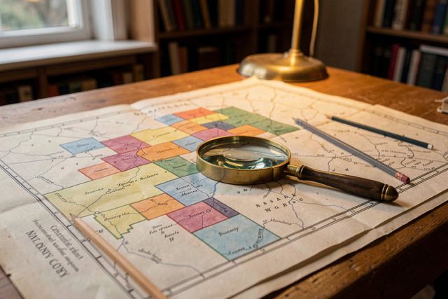 An unfolded antique county atlas sheet with hand-coloured township boundaries, a magnifying glass and a pencil