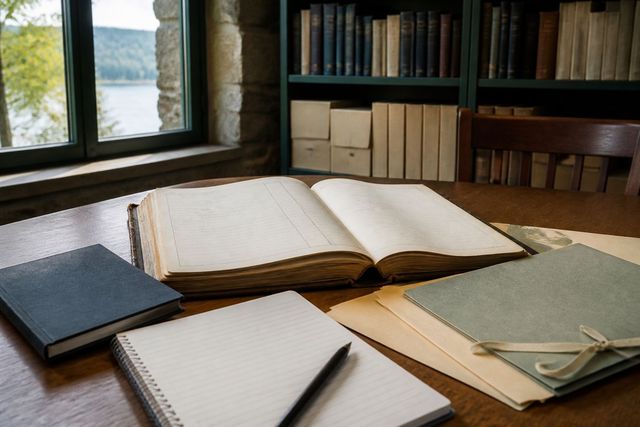 A source ledger, notebook and archival folders on a researcher desk