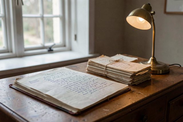 An open handwritten town register beside tied bundles of archived letters on a reading table